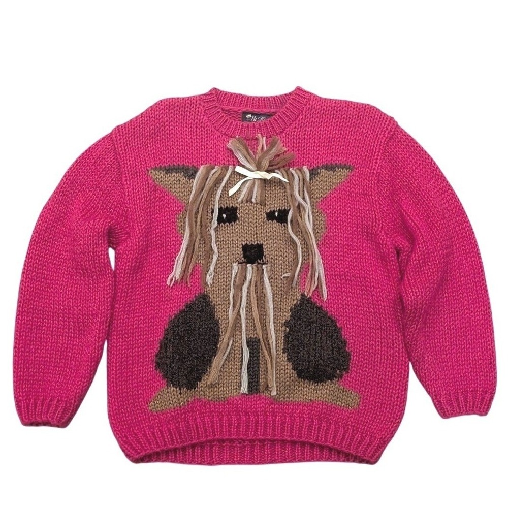 Vintage Pink‎ Chunky Hand Knit Novelty 3D Dog Sweater Funky Whimsical Pullover